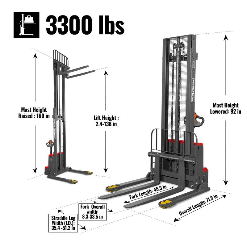 MechMaxx  202014 F33-138S Electric Straddle Stacker – 3300 lb Capacity, 138" Lift Height, Adjustable Forks & Legs