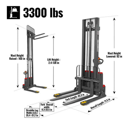 MechMaxx  202014 F33-138S Electric Straddle Stacker – 3300 lb Capacity, 138" Lift Height, Adjustable Forks & Legs