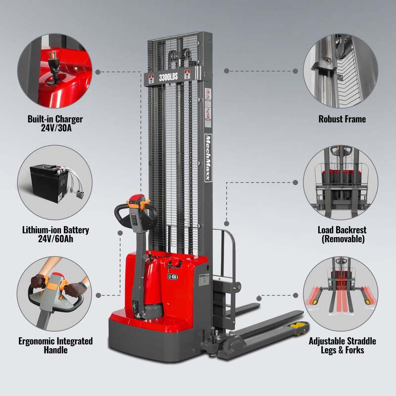 MechMaxx  202014 F33-138S Electric Straddle Stacker – 3300 lb Capacity, 138" Lift Height, Adjustable Forks & Legs