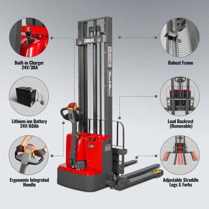 MechMaxx  202014 F33-138S Electric Straddle Stacker – 3300 lb Capacity, 138" Lift Height, Adjustable Forks & Legs