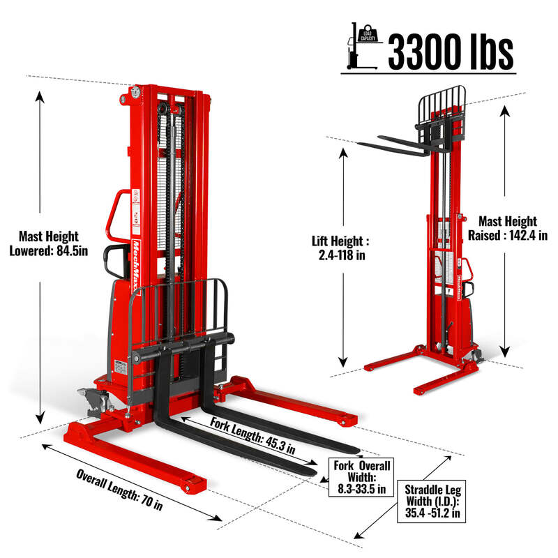 MechMaxx 202006 S33-118S Semi-Electric Straddle Stacker 3300 lb 118" Lift Adjustable Forks & Legs