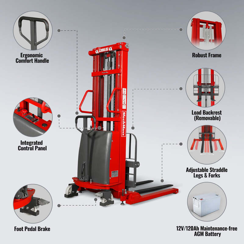 MechMaxx 202006 S33-118S Semi-Electric Straddle Stacker 3300 lb 118" Lift Adjustable Forks & Legs