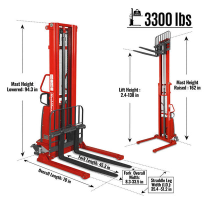MechMaxx 202012 S33-138S Semi-Electric Straddle Stacker 3300 lb 138" Lift Adjustable Forks & Legs
