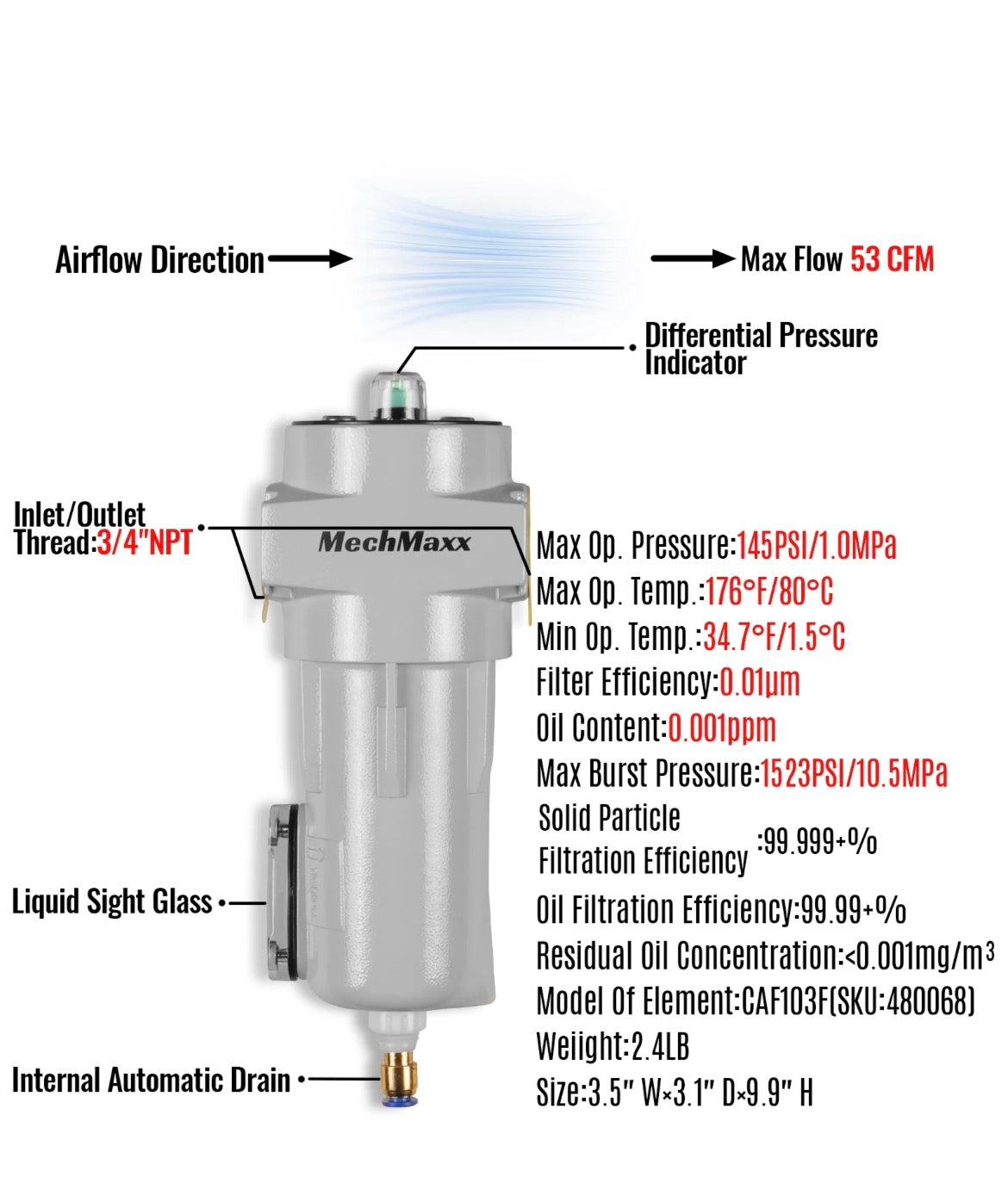 Mechmaxx 53 CFM Compressed Air Oil-Water Separator Precision Filter,0.01μm,Oil Content 0.001ppm, With Auto Drain, Pressure Indicator