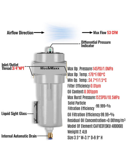 Mechmaxx 53 CFM Compressed Air Oil-Water Separator Precision Filter,0.01μm,Oil Content 0.001ppm, With Auto Drain, Pressure Indicator