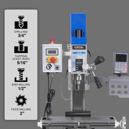 MechMaxx 500201 VM18LD 6" x 20" Benchtop Mill Drill with DRO – 1HP Variable Speed R8 Milling Machine