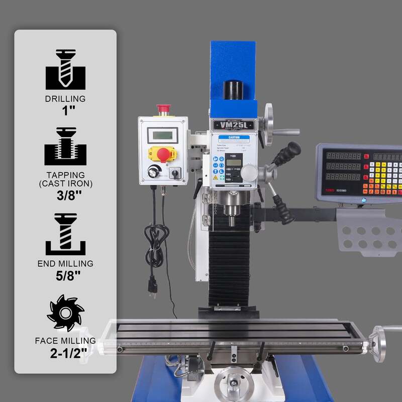 MechMaxx 500203 VM25LD 7" x 27-1/2" Benchtop Mill Drill with DRO – 1.5HP Variable Speed R8 Milling Machine