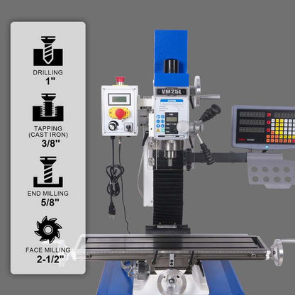 MechMaxx 500203 VM25LD 7" x 27-1/2" Benchtop Mill Drill with DRO – 1.5HP Variable Speed R8 Milling Machine
