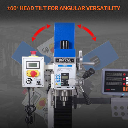 MechMaxx 500203 VM25LD 7" x 27-1/2" Benchtop Mill Drill with DRO – 1.5HP Variable Speed R8 Milling Machine