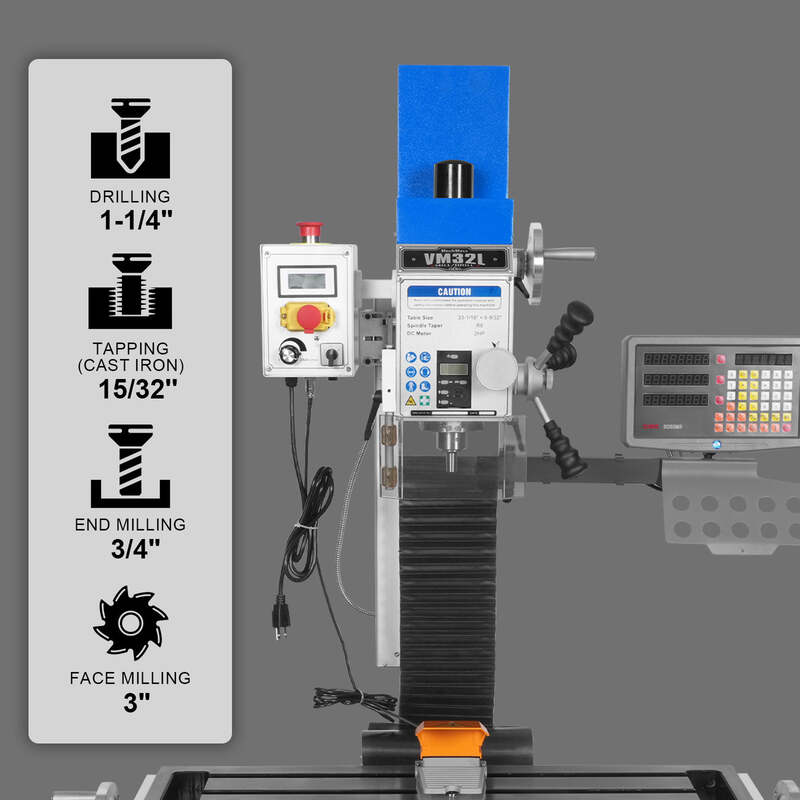 Mechmaxx 500205 8-1/4" × 33" Benchtop Mill Drill Machine with 3-Axis DRO – 2 HP Brushless Motor, Variable Speed, R8 Spindle (VM32LD)
